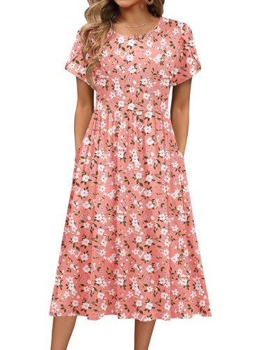 Image of HOTOUCH Women's Summer A-Line Midi Dresses 2026 Casual Floral Short Sleeve T-Shirt Dress Flowy Beach Sundress with Pockets