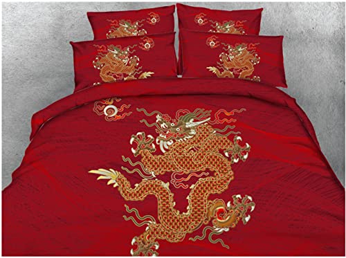 Topbdhomes 3 Pieces Oriental Chinese Traditional Dragon Duvet Cover Set King Size Red Color Bedding Sheets Kids Adult Bed Linen Zipper, Not Comforter Set (Bd245, King 3Pcs) #TOP15