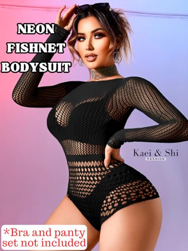 Image of Kaei&Shi Sexy Hollow Rave Outfits, Fishnet Bodysuit Fits US Women Sizes 0-18, Sheer Lace Glow Party Tops Festival Mesh