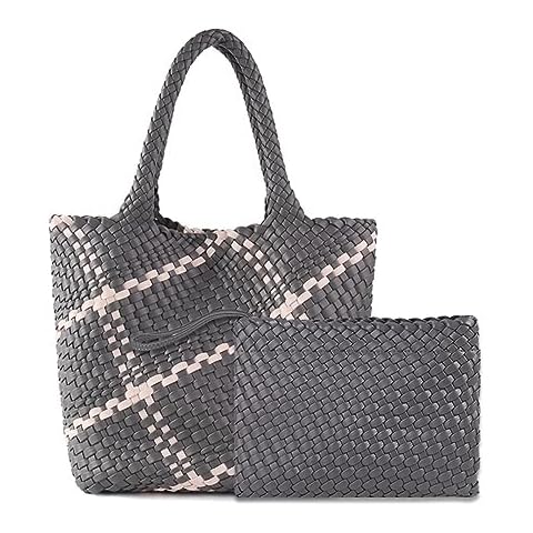 ZOSIVEB Woven Bag for Women Vegan Leather Tote Bag Large Summer Beach Travel Handbag and Clutch Retro Handmade Shoulder Bag (Gray) Cover