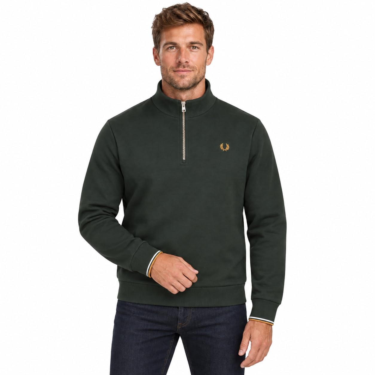 Fred Perry Men's Half Zip Sweatshirt Night Green/Dusky Blue/Dark Caramel