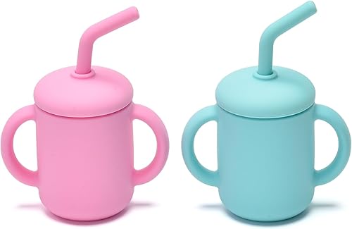 Paquete de 2 tazas para beber 100% silicona para bebé, taza pequeña de entrenamiento de silicona con asas y popote para bebés y niños pequeños