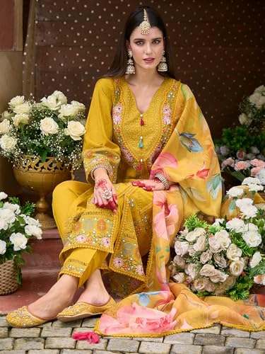 Image of INDO ERA Womens Silk Blend Embroidered Straight Kurta Pant Dupatta Set (IEOUT6989)