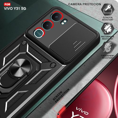 Image of AESTMO Tough Armor Vivo Y31 5G Bumper Back Case Cover | Ring Holder & Sliding Camera Shield Cover | 360 Degree Protection Back Case Cover for Vivo Y31 5G (Black)