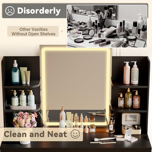 Image of YESHOMY 35.4 Inch Vanity Desk Set with LED Mirror and Lights, Classic Black | Makeup Vanity Set with 2 Drawers, Side Shelves, Storage Bench, Open Shelves and 3 Color Lighting Modes