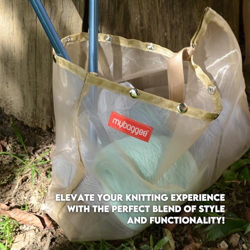 Image of Large 5 Snaps Mesh Travel Knitting Bag with Snap Opening, Lightweight Nylon Storage Pouch for Yarns, Needles and Accessories (Beige)