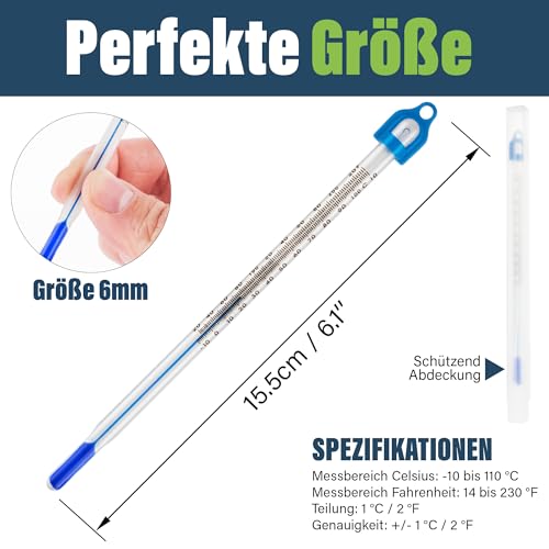 Wasserthermometer für Wassertemperatur und Flüssigkeiten - Laborthermometer Bereich: -10 bis +110 °C, 155 mm, Eintauchlabor Glasthermometer gefüllt mit blauer Flüssigkeit