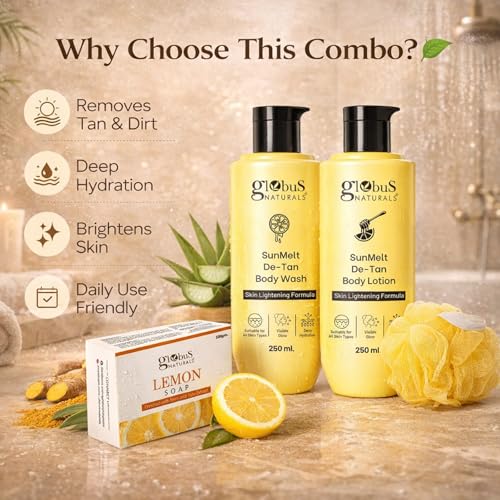 Image of Globus Naturals Detan Body Care Summer Kit | Body Wash + Body Lotion + Lemon Soap + Loofah | Tan Removal, Deep Cleansing & Hydration | Brightening & Fresh Glow Skin | Daily Use Bath Essentials | For Men & Women | All Skin Types