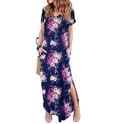 Arolina Women Summer Maxi Dress Short Sleeve V Neck Casual Loose Long Split Dresses Beach Vacation Sundress with Pockets Flower Blue XX-Large