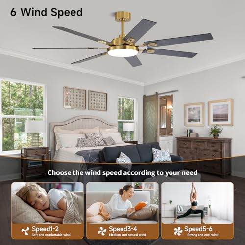 Image of 64 Inch Ceiling Fans with Lights and Remote, Bedroom Living Room Office Library Cafe Outdoor Industrial, 5CCT Dimmable, Dual Color 7 Blades, 6 Speed Reversible Quiet DC Motor, Gold /Wood Grain