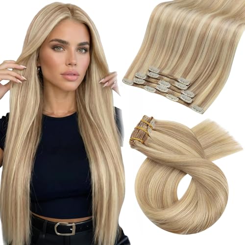 Image of Moresoo Real Human Hair Extensions Clip ins Highlighted Blonde Clip in Human Hair Extensions Golden Blonde with Medium Blond Remy Straight for Wedding Long 80g /5pcs 20 inch