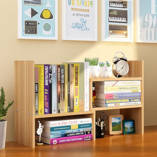 Image of Desktop Shelf Organizer, Adjustable Wood Office Storage Rack, Counter Display Small Bookshelf for Home /Office /School(Light Walnut)