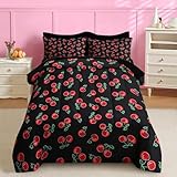 Nesker 5 Pcs Comforter Set Twin Size, Retro Red Black Cherry Fruit Bedding for Kids Teen, Summer Leaves Bed Sheetwith Pillowcase & Sham