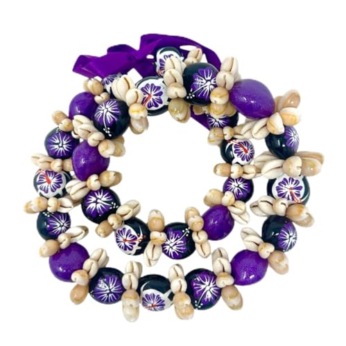 Utama Hawaiian Flower Necklace - Kukui Nut Lei with Cowrie Shell - Adjustable 32 inches Lei - Great for Color Themed Events, Graduation, Parties, and More!