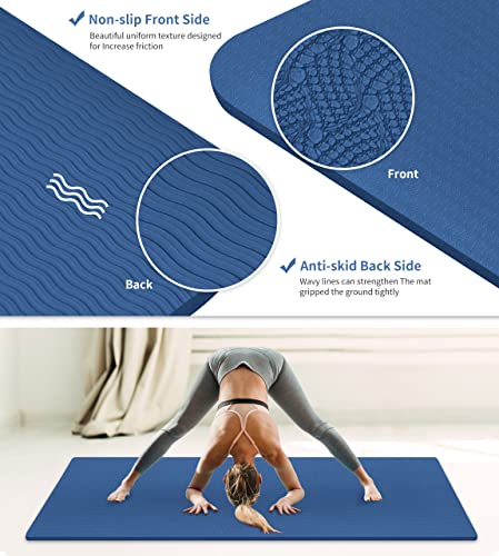 Nuveti Tpe Large Yoga Mat Non-Slip Exercise Fitness Mat With Carry Bag Eco Friendly Yoga Mats For Women 72"X24" Extra Thick 8Mm For Home, Pilates And Floor Exercises Workout Mats Darkblue #TOP3