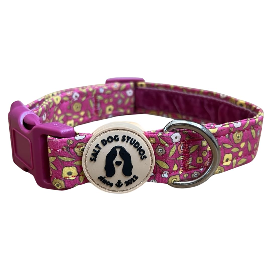 Floral Dog Collar – Adjustable Velvet Lined Dog Collar for Small, Medium, Large & Extra Large Dogs – Soft Comfortable Fabric Collar by Salt Dog Studios (Pink Ditsy Floral, Extra Small)