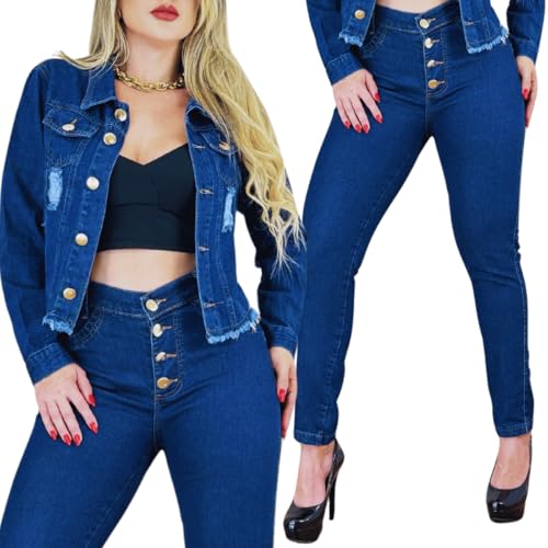 Conjunto Feminino Jeans Jaqueta Detonada e Calça Jeans Azul (100, Jeans, 44)
