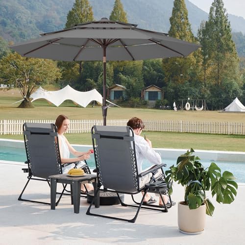 Image of JEAREY 9FT 3 Tier Patio Umbrella Outdoor Market Umbrella Table Umbrellas with 8 Ribs 1.5 Pole Push Button Tilt and Crank UV Protection for Garden,Backyard,Gray
