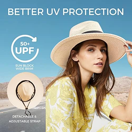 accsa Womens Straw Panama Hat Adjustable Ladies Fedora Sun Hat Wide Brim Beach Hats Summer Straw Trilby Hats UPF 50+