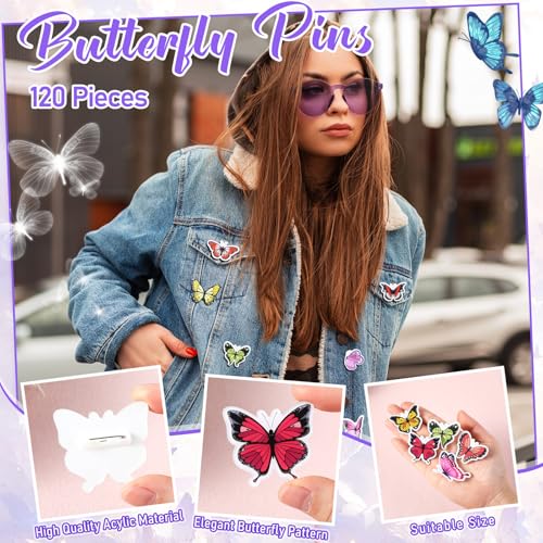 Image of Memorywuu 120 Pcs Butterfly Pins Bulk Lapel Acrylic Pin Women Backpack Brooch Colorful Pins Gifts for Party Decoration