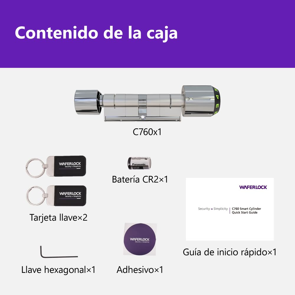 Cilindro europeo inteligente WAFERLOCK C760, IP68 resistente al agua, protección contra incendios, app Bluetooth, RFID/PIN, anti-taladro, 30/30–45 mm (60–75 mm), acabado níquel, certificado EN15684