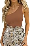 Kelisky Women's Sexy One Shouler Sleeveless Solid One Piece Bodysuit (Small, Brown)