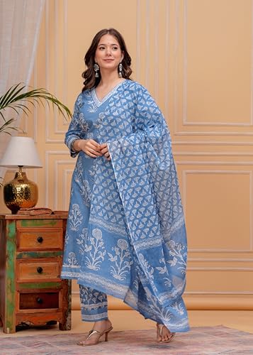 Image of MEERA FAB Women's Cotton Blend Straight Printed Kurta with Palazzo & Dupatta
