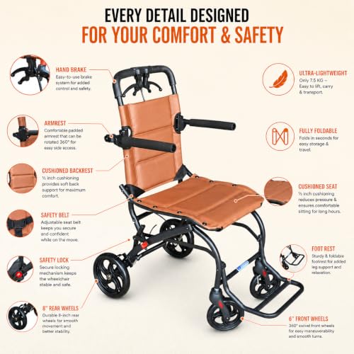 Image of VEAYVA Premium Portable Wheelchair for Adults & Elderly | Lightweight & Foldable | Soft Brown Cushion Seat | Curved Ergonomic Design | Compact Travel Mobility Chair for Seniors, Patients & Caregivers | Indoor & Outdoor Use