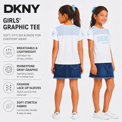 Image of DKNY Girls Tshirt Cotton Blend Short Sleeve Crewneck Graphic Fashion Tee