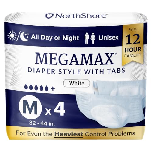 NorthShore MegaMax 12-Hour HBL Adult Diapers for Heavy Bladder Leaks, Medium, 4 Count, White, 32-44 inches, Tab-Style Incontinence Underwear for Men, Women & Teens