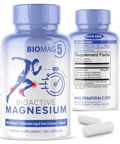 Magnesium Supplement - BioMag 5 Magnesium Capsules with 5 Magnesium Complex Formula - Glycinate, Malate, Bigcylinate Chelate, Orotate, Citrate - Magnesium for Restless Leg Syndrome - 100 Capsules