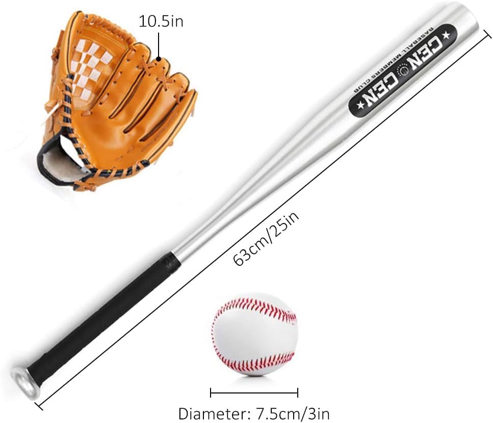 Zestaw Piłek Baseballowych Kij Baseballowy + Piłka Baseballowa + Rękawice Baseballowe 25-calowy Kij Baseballowy Ze Stopu Aluminium 10,5-calowe Rękawice Baseballowe Z Pvc, Brown, One Size
