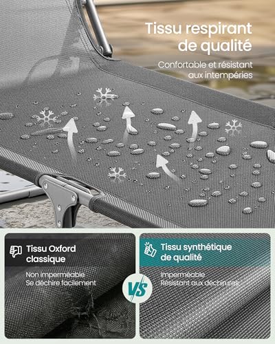 Chaise Longue Pliante Pare-Soleil 360° Gris SONGMICS