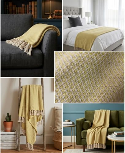 Image of HAKAM Mint Green Jacquard Pure Cotton Throw for 3 Seater Sofa with Tassels | 182x248 cm | Vintage Throw for Sofa, Bed, Chair & Travel - Ideal for All Season | Pack of 1 - VR (Yellow, 127X203 cm)