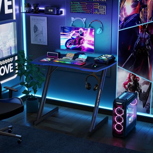 Image of BestOffice Gaming Desk 35 in PC Computer Desk Z Shaped Gaming Workstation Ergonomic Gaming Table with Headphone Hook for Home Office,Black&Blue