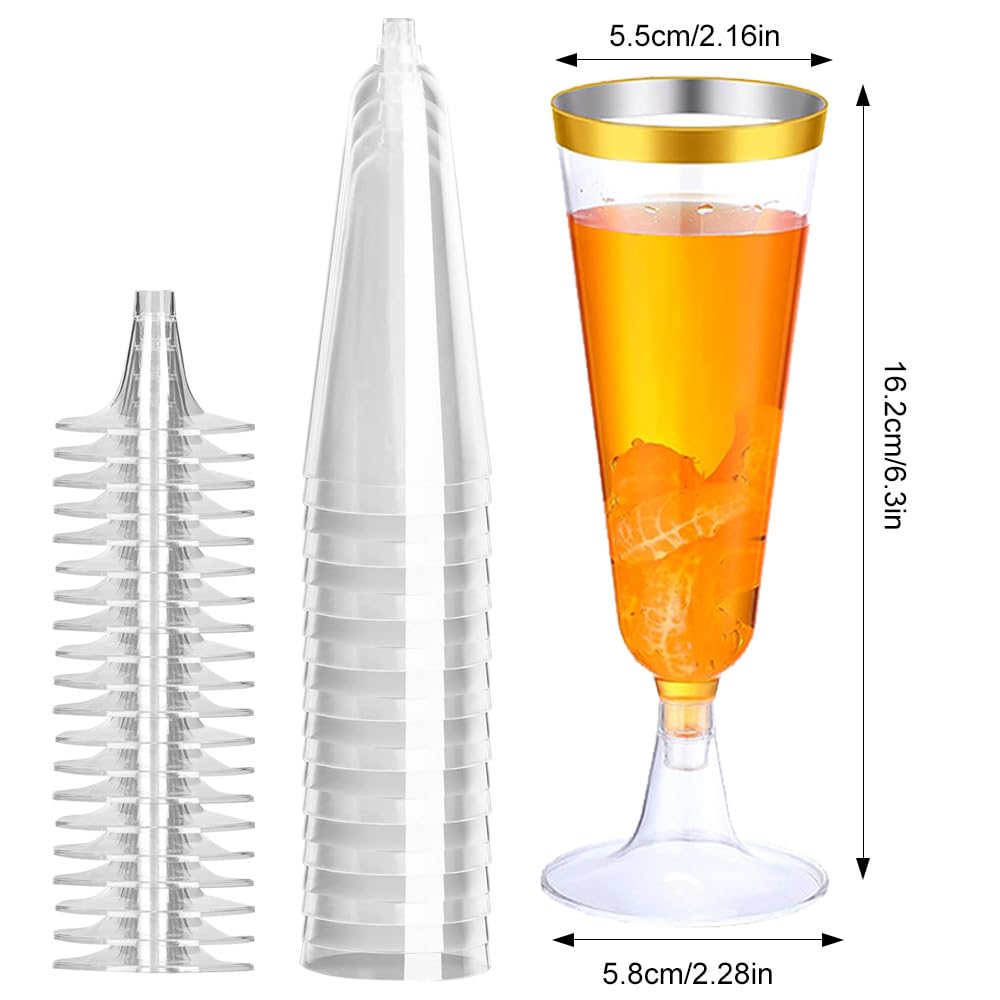 Copas de champán de plástico, 100 unidades, reutilizables, 150 ml, con bordes dorados para bodas, cumpleaños, picnics y fiestas