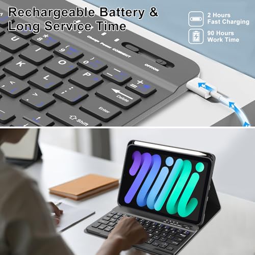 Image of SENGBIRCH iPad Mini 7th /6th Gen 2024 /2021 8.3-inch Bluetooth Detachable Keyboard Case with Rechargeable Pen Slot, Cute Cover with Detachable Keyboard for iPad Mini 7 /6, Black