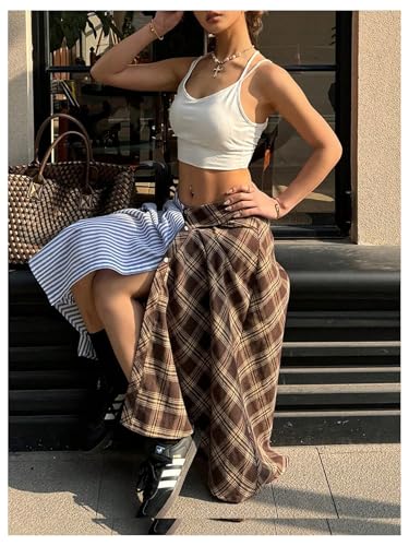 MakeMeChic Women's Y2k Striped Plaid Midi Skirt Low Waist Button Front Skirts4