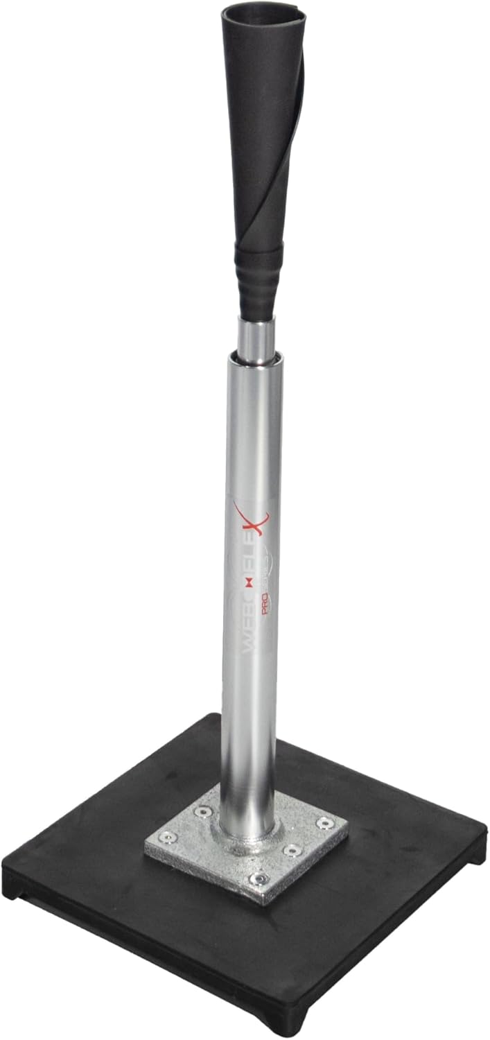 Web Flex® Adjustable Batting Tee for Baseball & Softball, Ultra-Flexible Rubber Top with Adjustable Telescoping Aluminum Stem (25"-45"), Durable Steel Base, Portable & Easy Setup Training Tee Silver