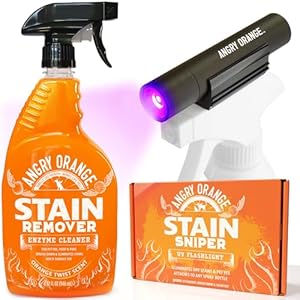 ANGRY ORANGE Odor Eliminator & Pet Stain Remover – Carpet Cleaner for Pets, Citrus Scented Dog Pee Deodorizing Spray and Enzyme Cleaner for Home with UV Flashlight