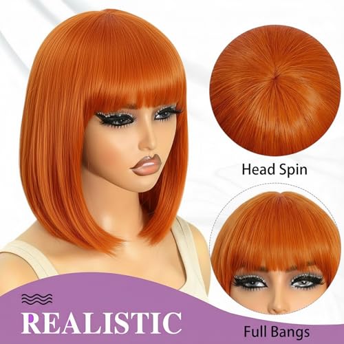Image of ZHENGON 350 Ginger Orange Bob Human Hair Wig with Bangs Silky Straight Glueless Wigs Human Hair 180% Density Bob Wig with Bangs None Lace Machine Made Wigs for Black Women 12Inch
