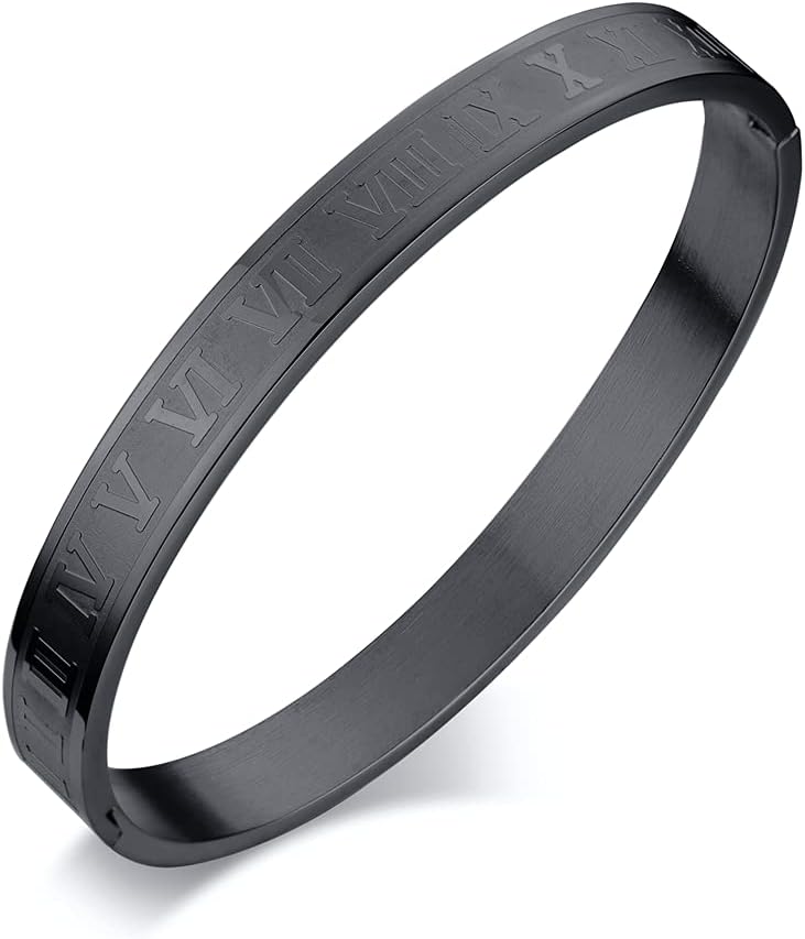 Jaline Gold Silver Rose Gold Plated Bracelets for Men Women Roman Numeral Bangle Bracelet Stainless Steel Personalized Engraved Unisex Gift (Black 8mm Mens)