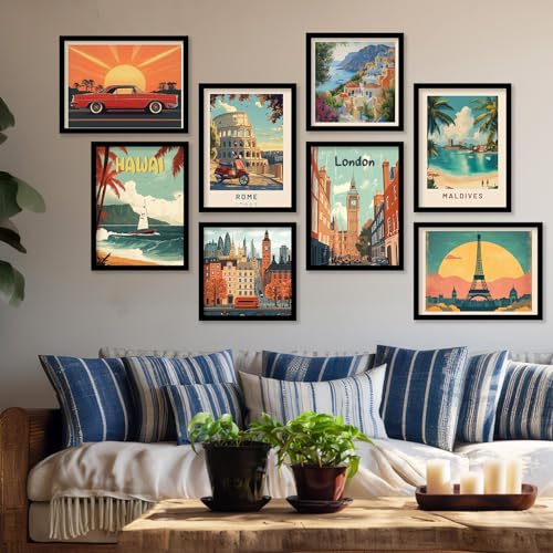 Image of kotart Retro Travel Theme Wall Poster with Frame for Room Office Living Room Hotel Home Decor - Modern Art City Vibes Wall Decor Photo Frames - Framed Posters / Paintings Set of 8 (Art 1, Big(13x17 or 13x13 inch), Framed)