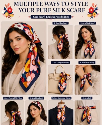 Image of Silk Like Head Scarf for Women Stylish Bandanas for Women Vintage Hair Scarf Wrap and Sleeping, Boho Floral Print Square Bandana Gift