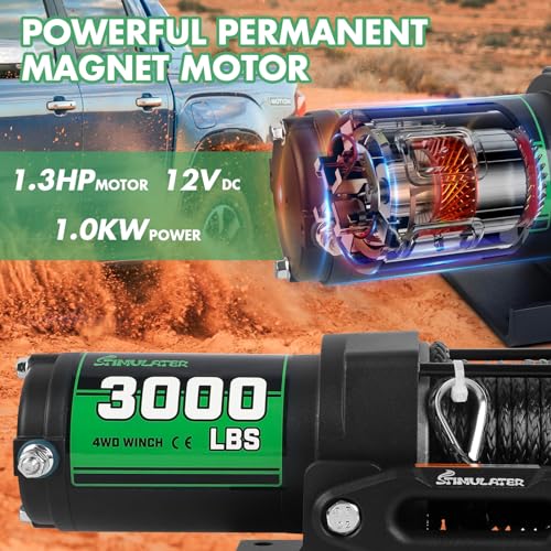 Image of STIMULATER 3000lb ATV Winch with Synthetic Rope,Electric Winch 12V, with Wireless Remote Control and Manual Switch, with Hawse Fairlead,IP67 Waterproof,Suitable for Most Trailer, Boat and ATV Winch