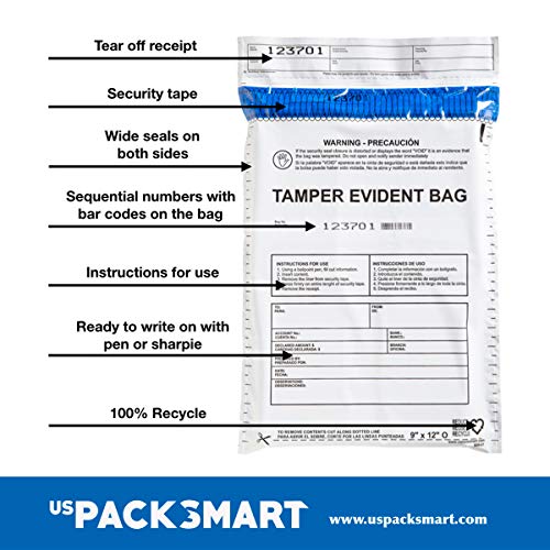 USPACKSMART Deposit Bags with Security Tape Tamper Evident 100-Pack Plastic Clear for Bank Deposits and Cash Handling 9"x12" (Ref 810-00)