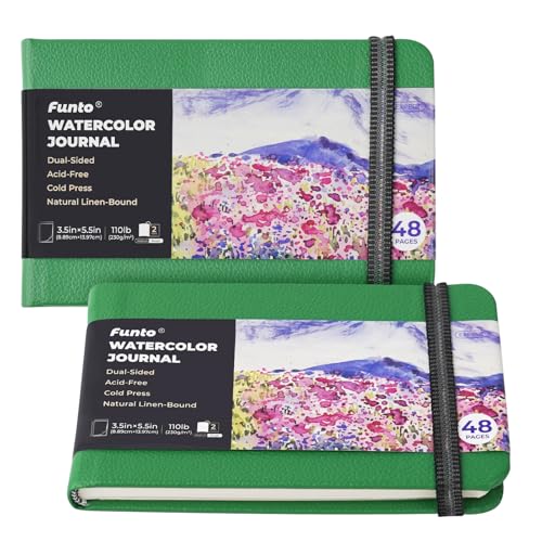 Funto Cuaderno de Acuarela Paquete de 2, 3.5x5.5 pulgadas, Cubierta de Tela Verde, Papel de Pulpa de Madera sin Ácido, Apto para Todas las Edades, Perfecto para Viajar