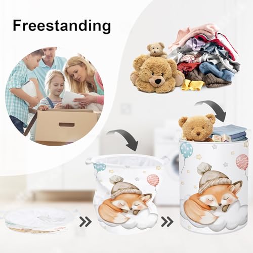Image of Sleeping Animals Baby Laundry Hamper Collapsible Clothes Kids Storage Basket Large Boys Girls Gift Toy Box Bin for Nursery, Fox, 63L