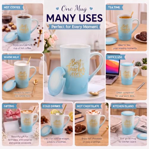 Image of ZAICUS Best Teacher Ever Coffee Mug with Lid & Spoon, Ceramic Gift Mug | Ideal Teacher Appreciation Gift | Ideal for Coffee, Tea & Daily Use | White & Blue Gradient Design