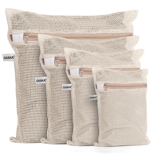 100% Cotton Mesh Laundry Bags Premium Soft No Dye Set of 4 Natural